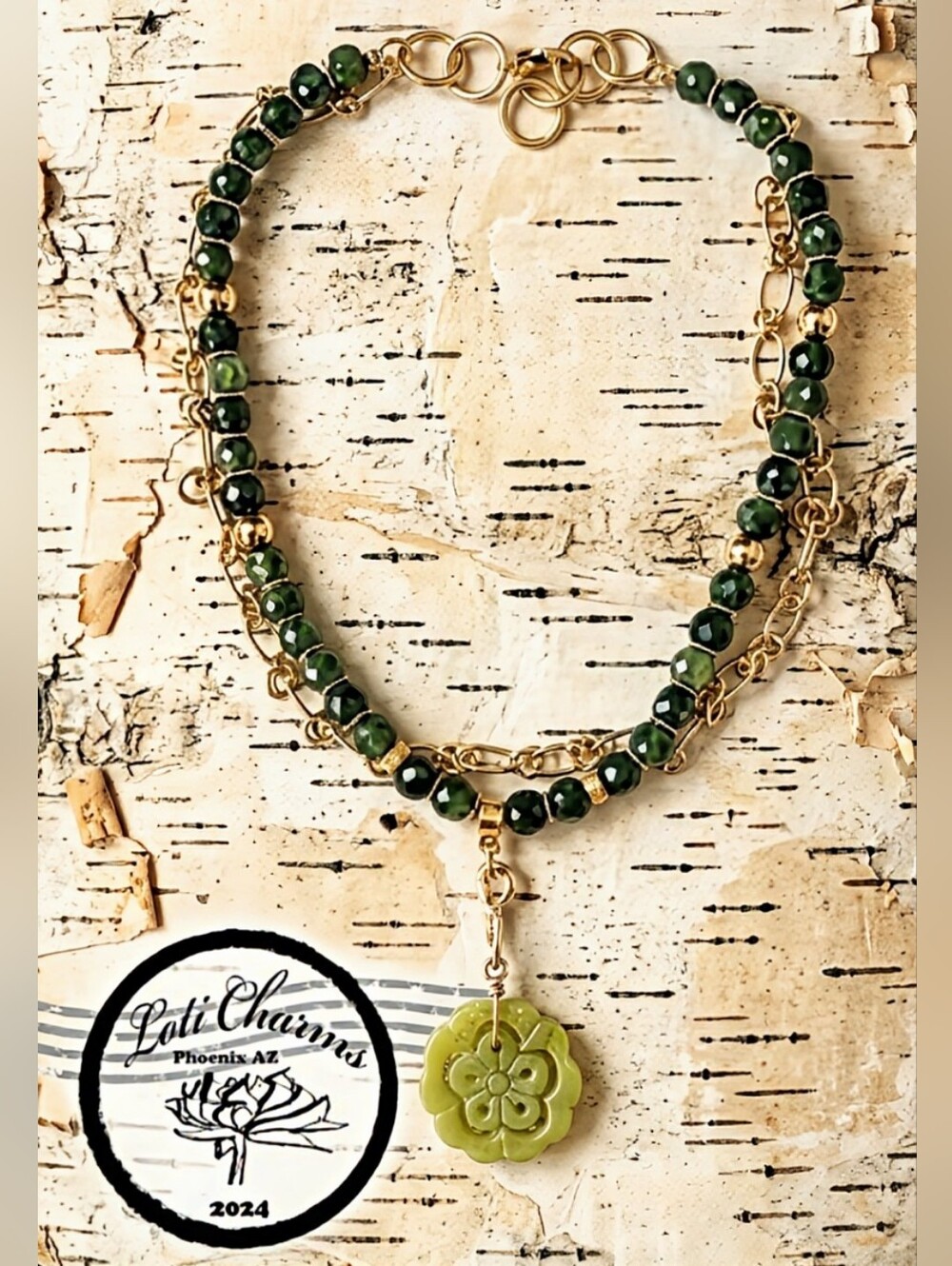 Natural Green Jade In Two Strand Gold Plated Barbed Knot Necklace With Pendant